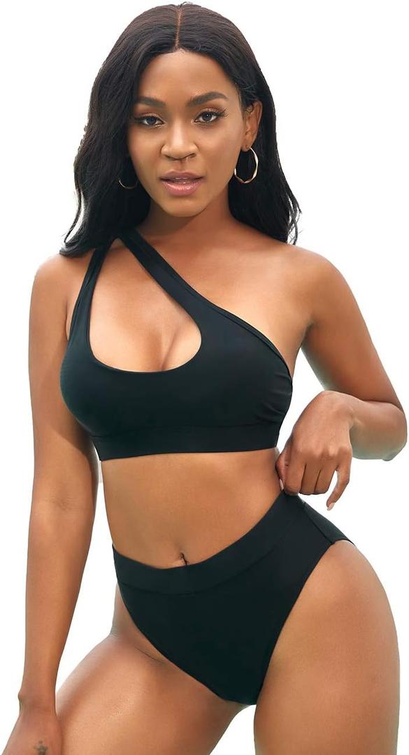 NAFLEAP One Shoulder Cutout Bikini Set for Women High Waisted Bottom Swimsuit Two Piece Bathing Suit (Small, Black)