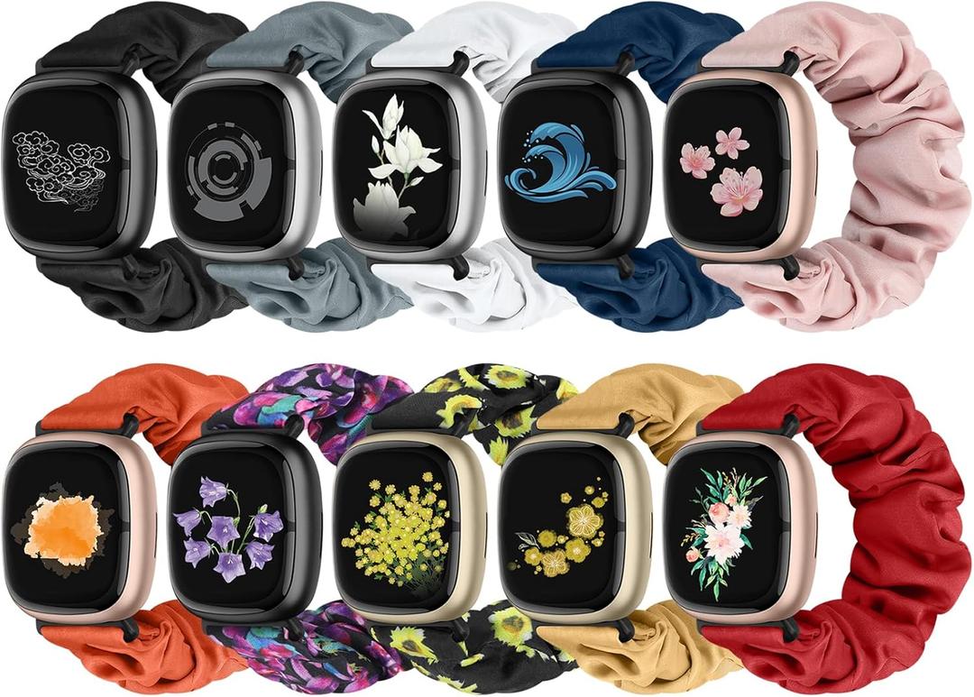 10 PCS Compatible with Fitbit Versa 4/Sense 2/Versa 3/Sense Scrunchie Band, Soft Cute Pattern Printed Fabric Elastic Solo Loop Cloth Scrunchy Replacement Wristband for Women