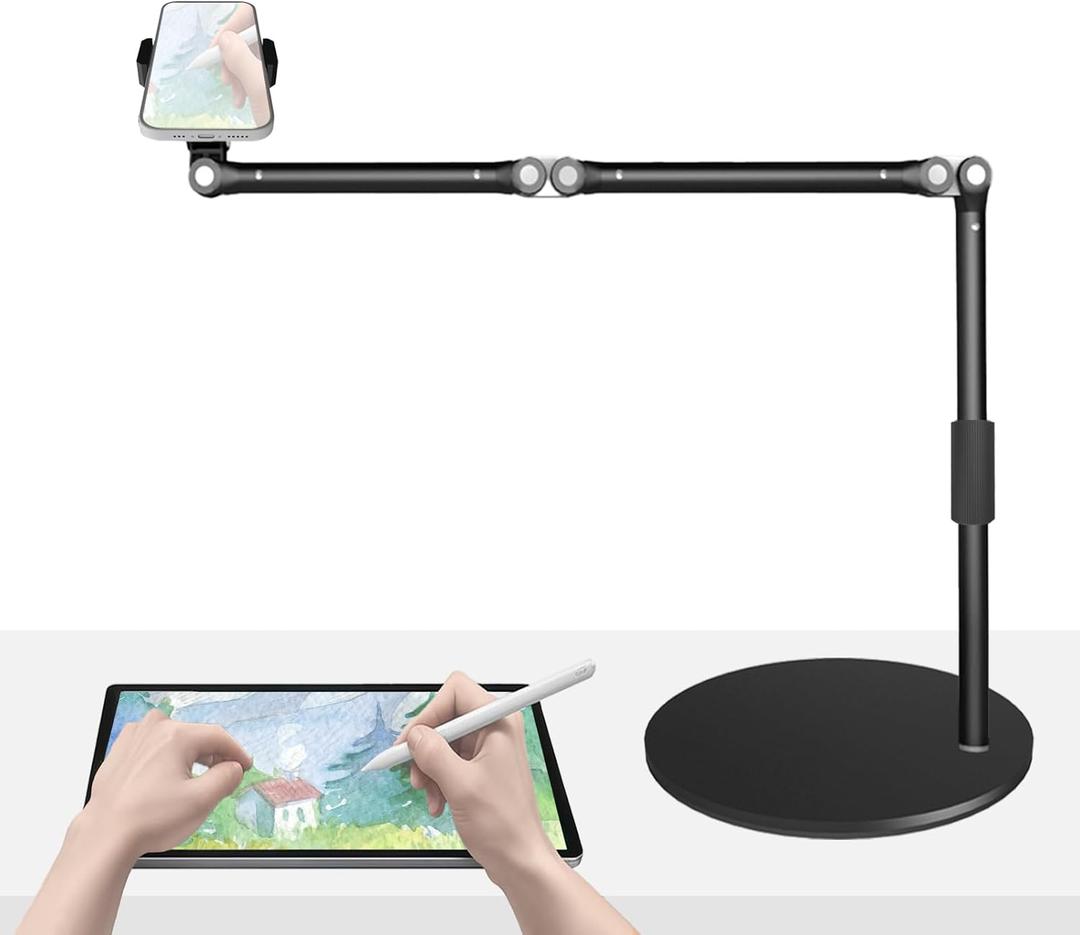 Heavy Duty Overhead Phone Mount for Desk, 17 in Long Arm iPhone Holder, 360 Swivel Stand for Video Recording, Filming, Live Streaming, Cooking, Painting, Crafting (Black)