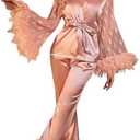 OYOANGLE Women's 2 Piece Pajama Set Satin Contrast Mesh Feather Trim Silk Long Sleeve Belted Top and Pants Lounge Sets Size M