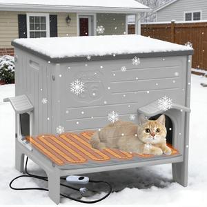 Deblue Heated Cat House for Outside Weatherpoof Plastic Cats Houses Outdoor with Escape Door Indoor Waterproof Feral/Pet Cat Shelter for Puppy, Rabbit(Grey)