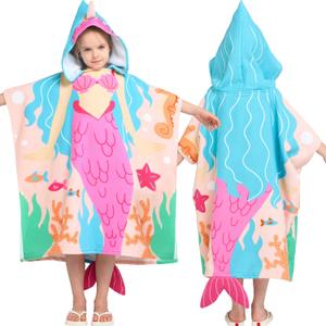 Joiedomi Kids Beach Towels with Hood for 3-10 Years Boys Girls Mermaid Hooded Toddler Bath Towel Poncho Absorbent Quick Dry Soft Microfiber Swim Robe with Backpack Lightweight 30"x30" for Beach Pool