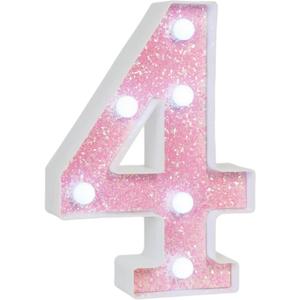 Pink Glitter Marquee Light Up Numbers, LED Number Lights Battery Operated for Girls 4th 14th Pink Birthday Party Table Decorations, Wall Decor for Girls Bedroom, Number 4 Sign Cool White Lights