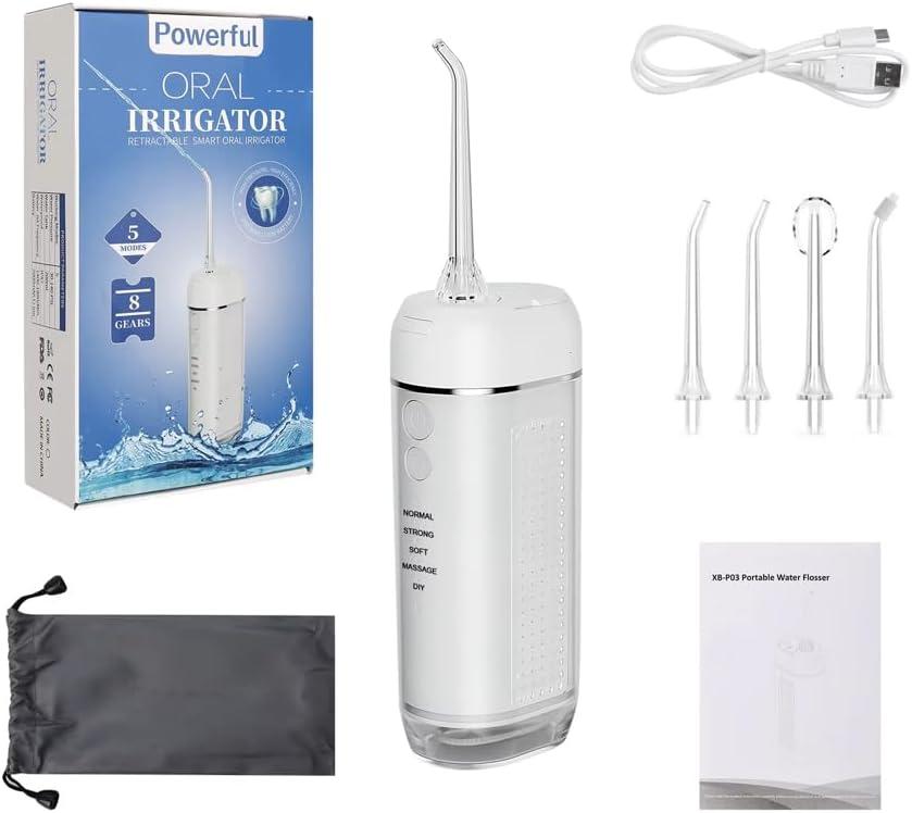Powerful Portable Cordless Water Dental Flosser: Rechargeable [2000 mAh Li-ion] Mini Oral Irrigator Travel & Home Machine Cleaner Large Vol Telescopic Tank 5 Modes IPX7 Waterproof Electric Teeth Pick (White)