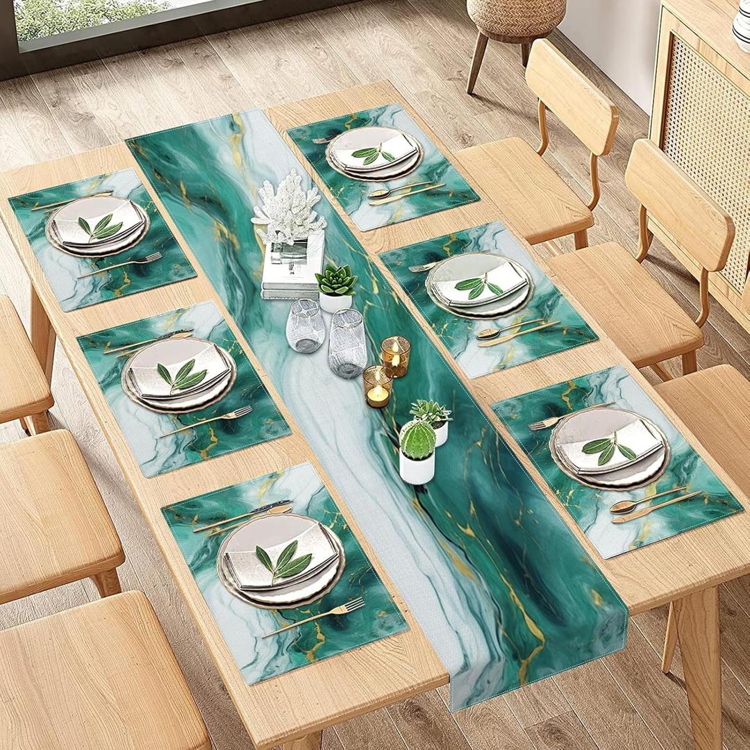 Emerald Green Gold Marble Table Runner and Placemats Set of 6, Agate Teal Stone Abstract Dining Decor for Daily Use(1 Table Runner 72 inches Long and 6 Placemats)