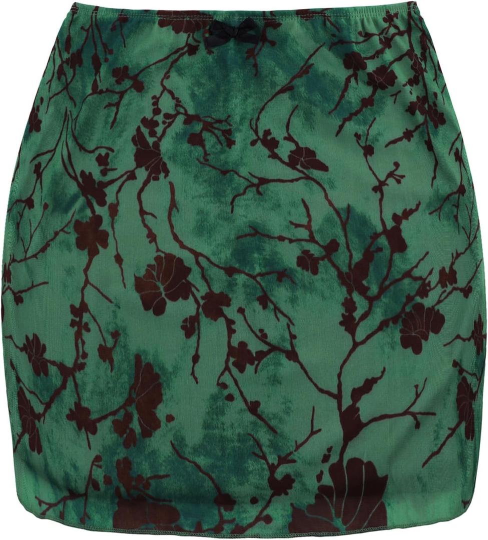 ZUNQKG Womens Mini Mesh Floral Printed Y2k Low Waist Casual Vacation Party Slim Fitted Bodycon Skirts Green XXL (XXL)