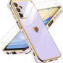 LeYi for Samsung Galaxy A15 5G Case: with Tempered Glass Screen Protector [2 Pcs]+Camera Lens Protection, Love Heart Plating Girly Luxury Shockproof Case for Samsung A15, Cute Present for Mom, Purple
