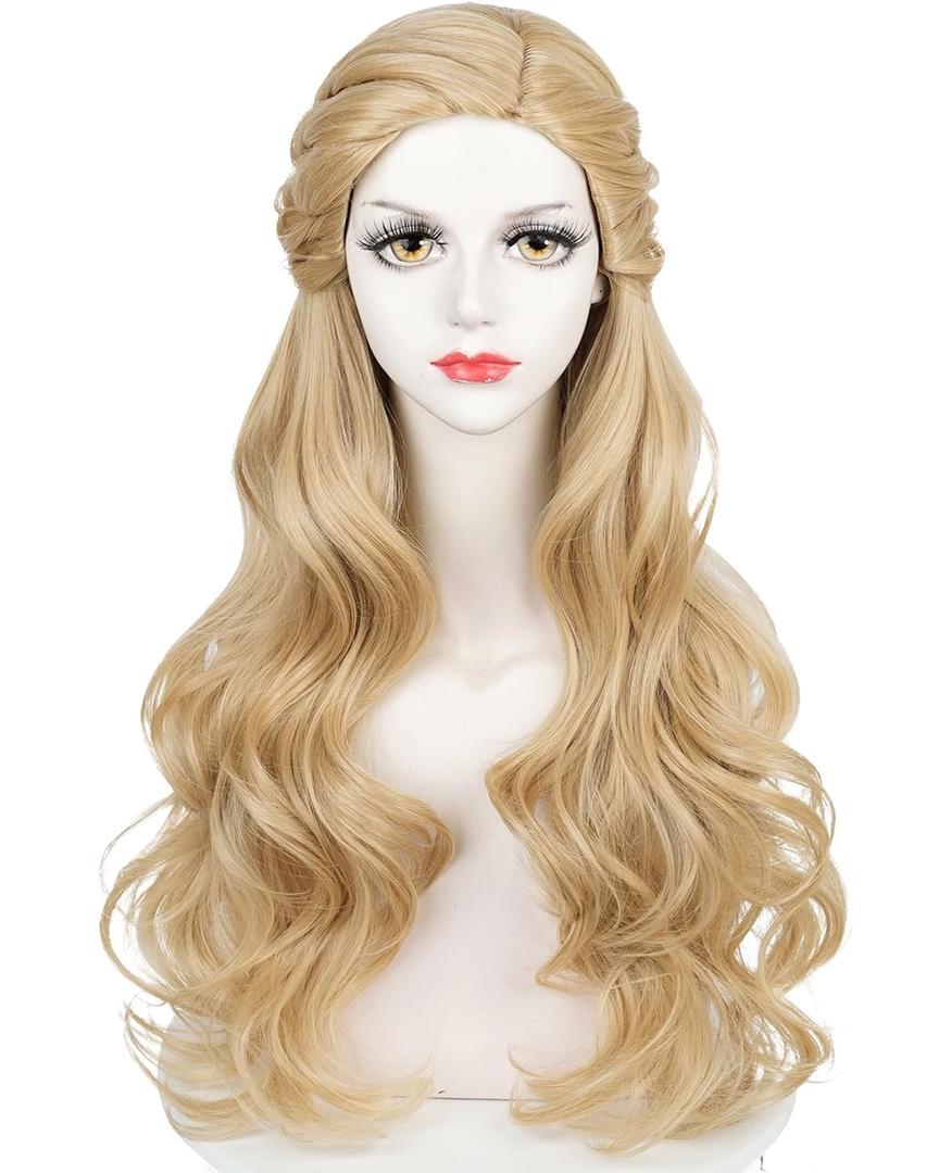 Half and Half Long Curly Blonde Witch Wave Wig Princess Queen Costume Blonde Braided Wigs 27.5'' Synthetic Hair + Wig Cap for Women Halloween Party