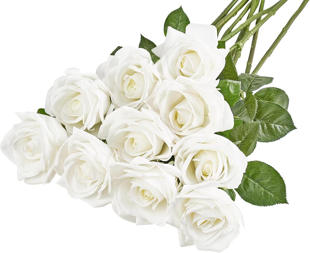 Mkono Rose Artificial Flowers 10 PCS Fake Rose Bouquet Silk Faux Flowers with Long Stem Realistic Blossom Roses for Home Decor Wedding Party Valentine's Day DIY Decorations (White)
