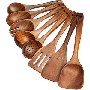 8-Piece Teak Wood Utensil Set, Natural Wooden Spoons for Cooking, Handmade Wood Kitchen Utensils for Non-stick Cookware, Spatulas, Spoons, Salad Fork, Skimmer, Soup Ladle