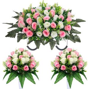3 Pcs Artificial Cemetery Flower Saddles Cemetery Flowers for Grave Memorial Grave Flowers with Vases for Cemetery Decoration (Pink)