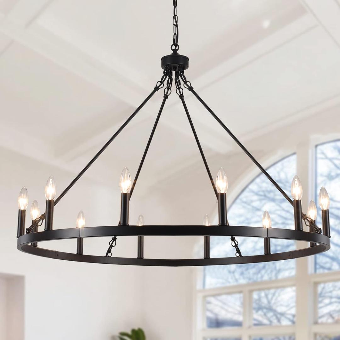 Black Wagon Wheel Chandelier 12-Light Farmhouse Chandelier for Living Room 38" Round Rustic Industrial Hanging Light Fixture for Dining Room Foyer Hallway Kitchen Island