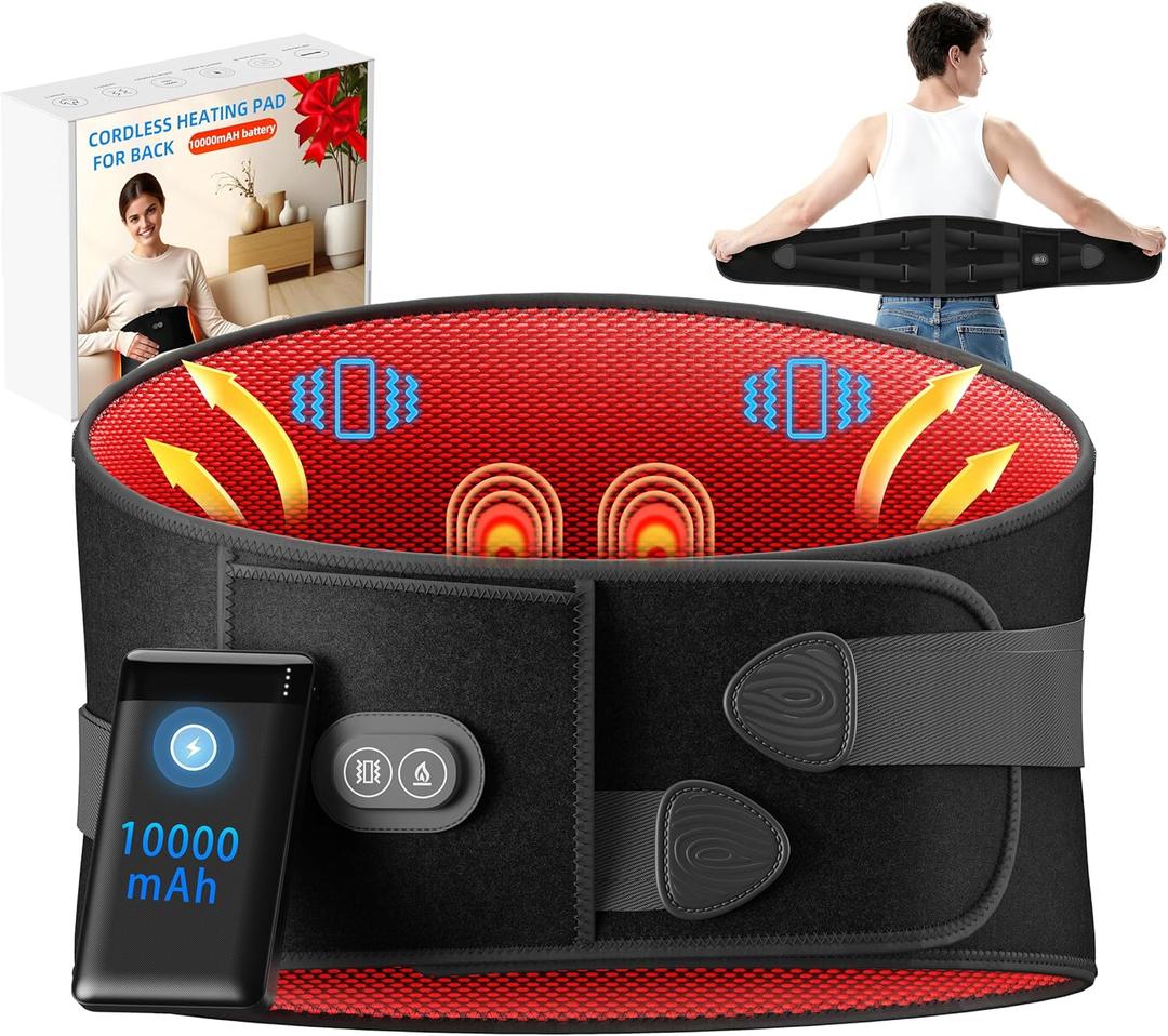 Heating Pad for Back - Lower Back Massager with 3 Heat 3 Vibration, 10000mAh Portable Heating Pad for Back Pain Relief, 30 mins Auto-Off, Black
