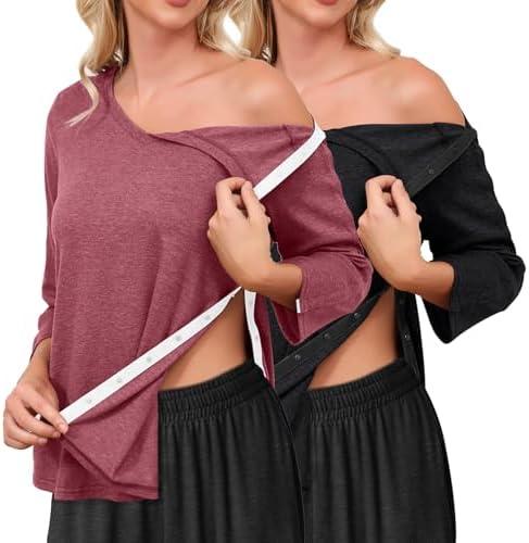 Tfovorlein Post Shoulder Surgery Shirts for Women Tear Away 3/4 Sleeve Full Open Side Snap Dialysis Chemo Adaptive Clothing, XL