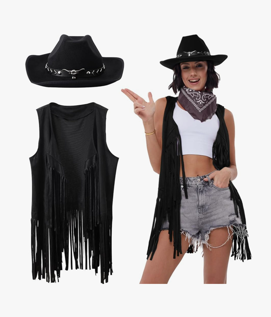Western Outfits for Women Cowgirl Tassel Sleeveless Vest Cowboy Hat and Paisley Bandana
Medium