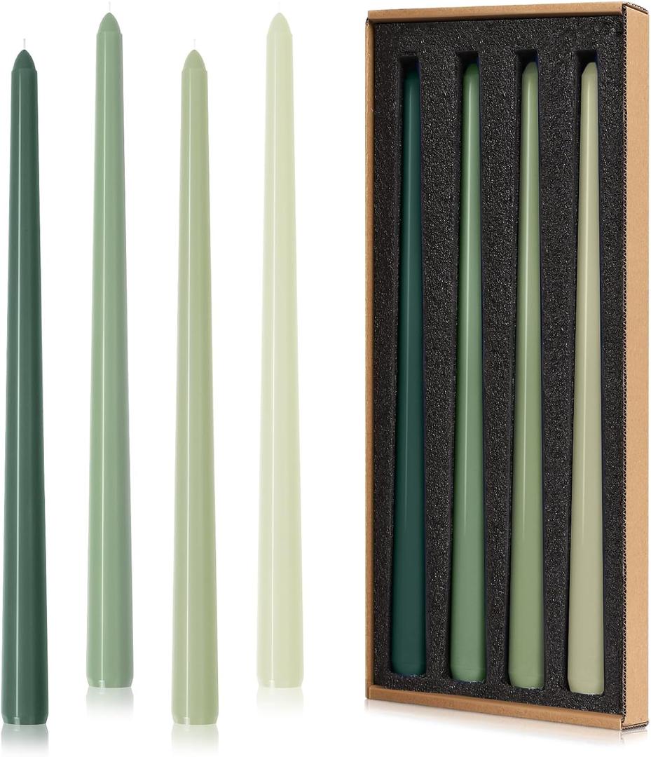 Taper Candles 12'' Tall Green Ombre Colored Candlesticks Set of 4 | Unscented 3/4 inch Diameter Candle Sticks| Candle for Mantle Home Decor Kitchen Wedding Decorations Centerpiece
