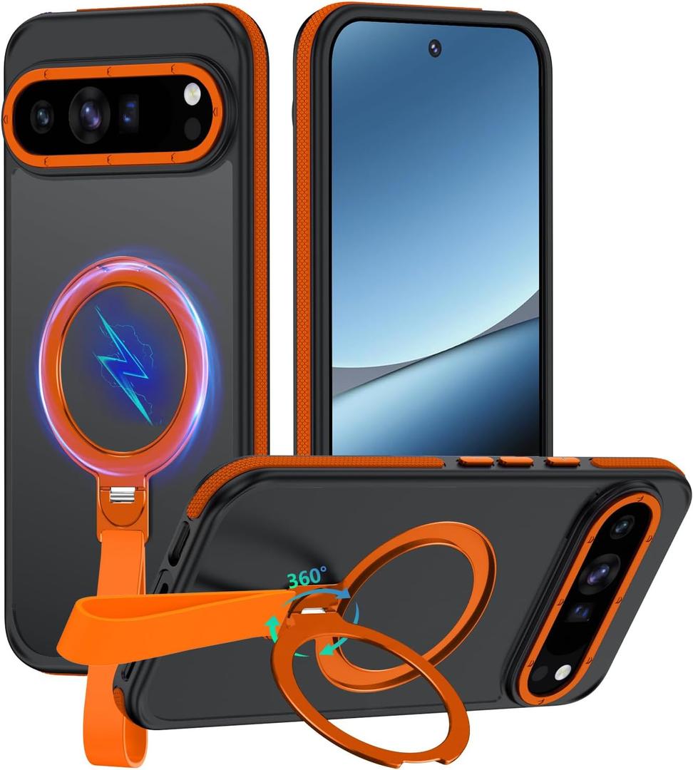 for Google Pixel 10 Case/Pixel 10 Pro Case with 360 Spin Magnetic Stand-Finger Strap, [Fit for MagSafe][16FT Mil-Grade Protection] Ring Holder Kickstand Translucent Matte Phone Case (Orange)