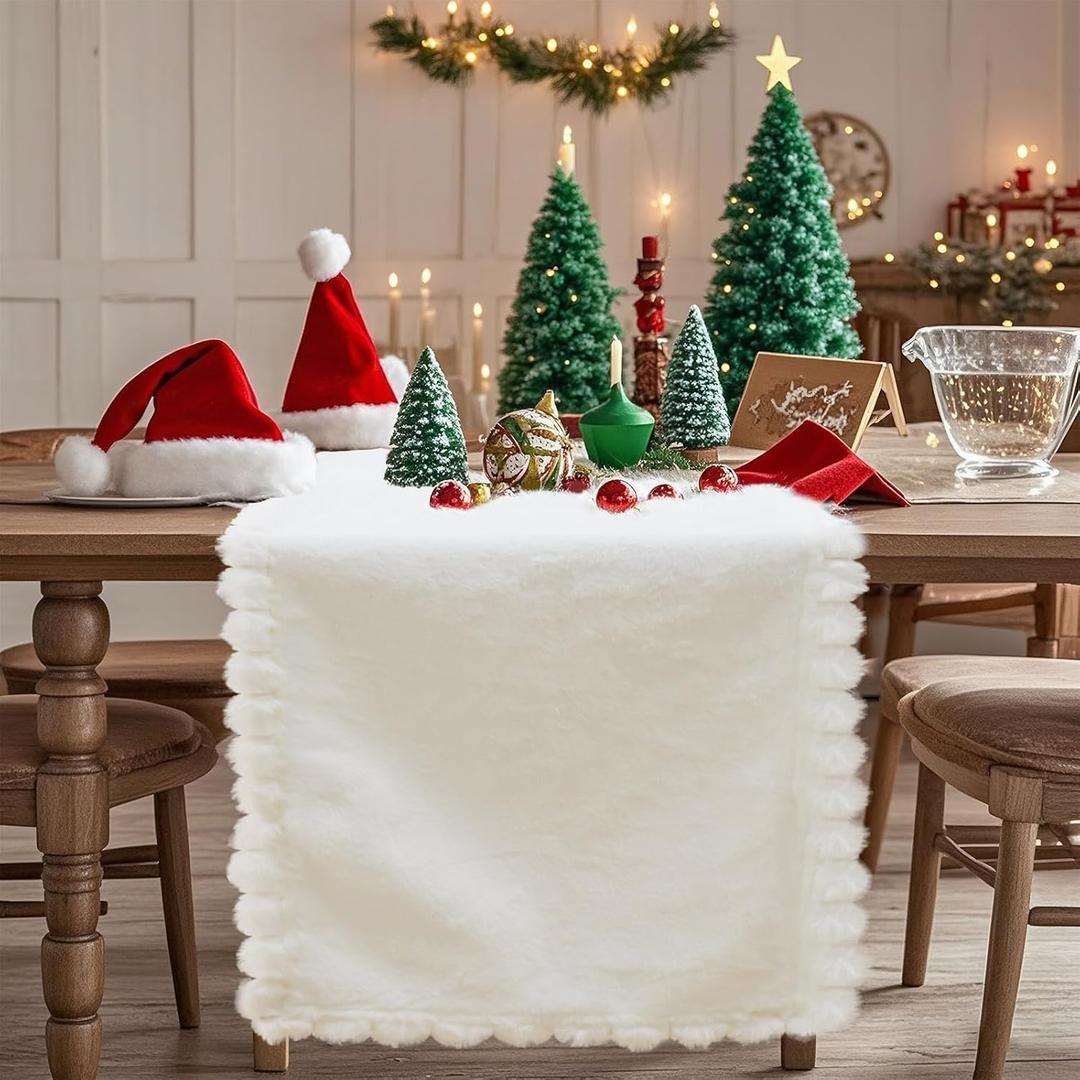 Baccessor White Faux Fur Table Runner, Thanksgiving Christmas Winter Fluffy Table Runner Dressing Dresser Cover Coffee Table Center Decoration for Kitchen Home Dinning Party Indoor 13x36 Inch