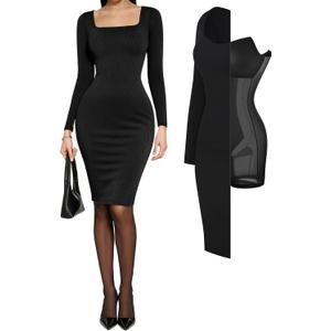 Popilush Cocktail Dress Long Sleeve Square Neck Midi Dress Shapewear Tummy Control Bodycon Dress Party Evening Built in Bra, M