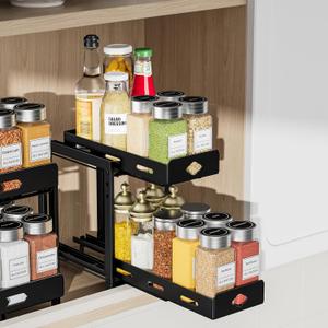 RCHYFEED Pull Out Spice Rack Organizer for Cabinet, 2-Tier Heavy Duty Slide Out Spice Rack for Inside Cabinets & Pantry, Kitchen Seasoning Organizer Vertical Spice Racks,5.5" Wx10.8 Dx9.7 H,Black