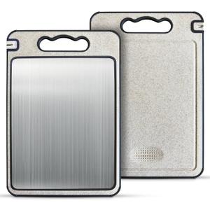 Stainless Steel Cutting Board Double Sided Wheat Straw Stainless Steel Chopping Board for Meat Vegetables with Ceramic Knife Sharpener Juice Groove Grinder, Easy to Clean Food Grade