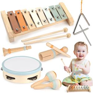 Vanplay Montessori Toys - 6 in 1 Wooden Musical Instruments for Toddlers 1-3, Infant Music Toy for Babies with Boho Xylophone for Boy & Girls Easter Birthday Gifts for 1-2