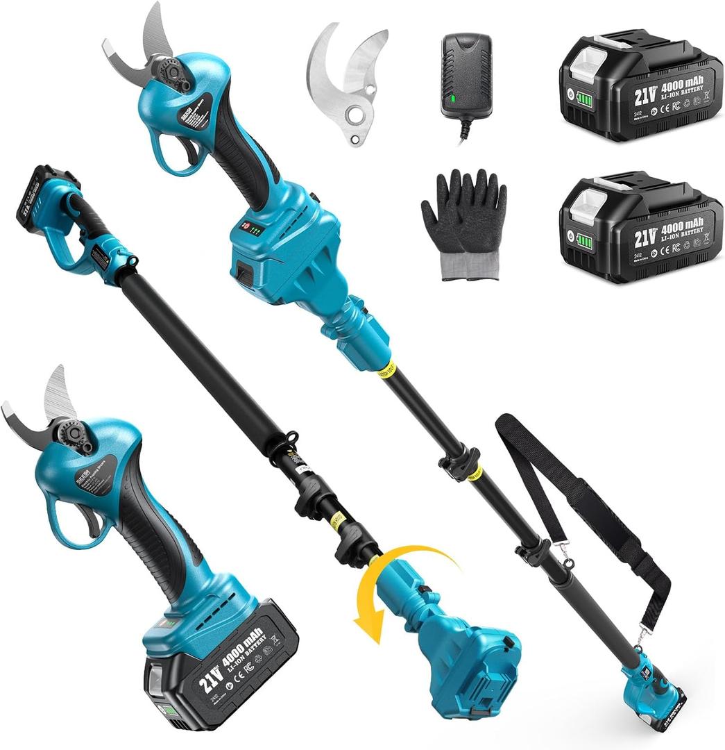 Seesii 2-in-1 Cordless Electric Pruning Shears with Pole, 15Ft Reach, 1.2" Cutting Diameter, 21V 2x 4000mAh Batteries, Battery Powered Tree Pruner with Brushless Motor for Efficient Branch Trimming (Blue)