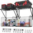 2 Pack Garage Shelves Wall Mounted with Wire baskets, Heavy Duty Garage Wall Shelving with Hooks, Wire Shelf Baskets Tool Organizer for Home Garden Garage Organization and Storage