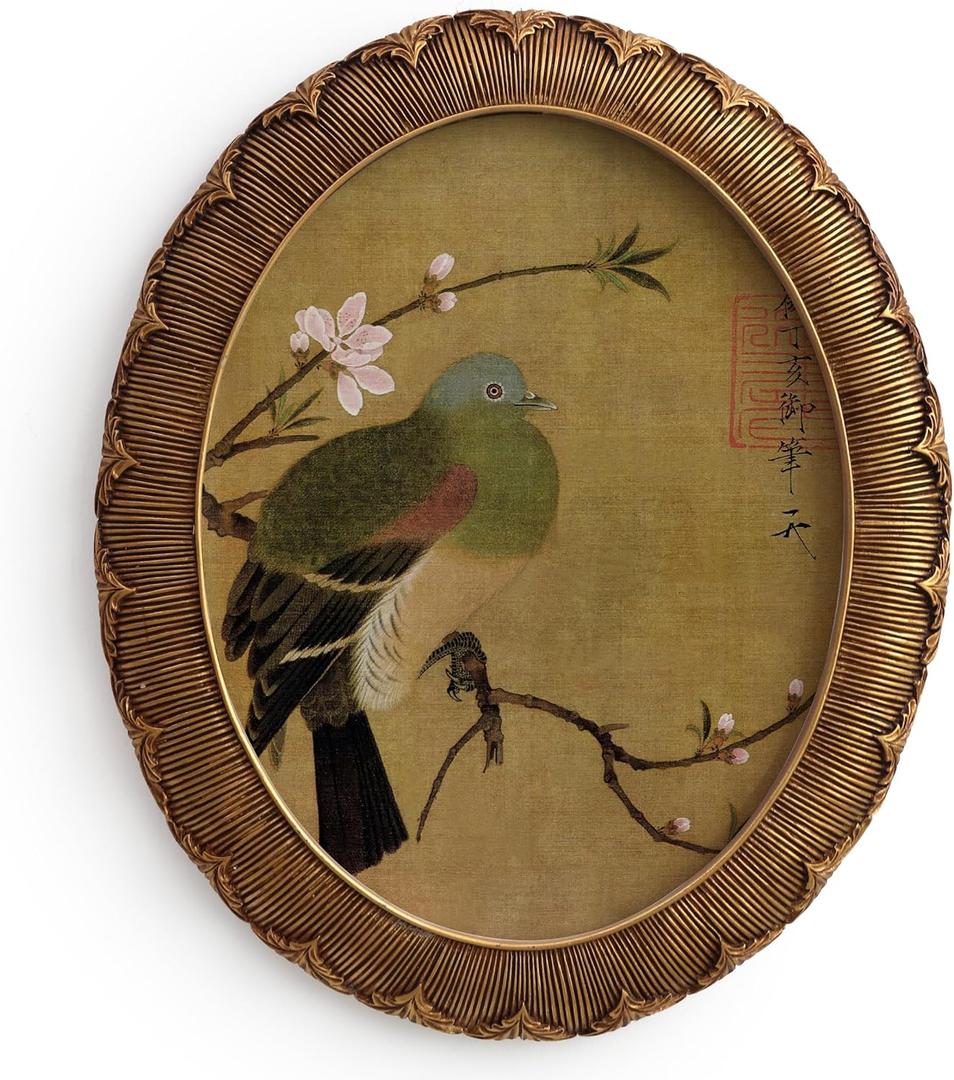 Zelvix Vintage Wall Art Framed Artwork, Embossed Resin Antique Decor with Floral and Bird Art, 8x10 Oval Picture Frame, Oil Vintage Painting Reproduction for Room, Gallery and Living Room (Yellow)