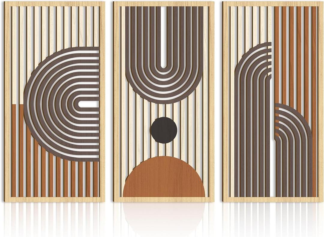 IARTTOP Mid century Modern Decor 16x32 Inch Large Boho Wood Wall Art Abstract Wooden Wall Decor Minimalist Bohemian Orange Artwork for Living Room Bedroom Office Set of 3