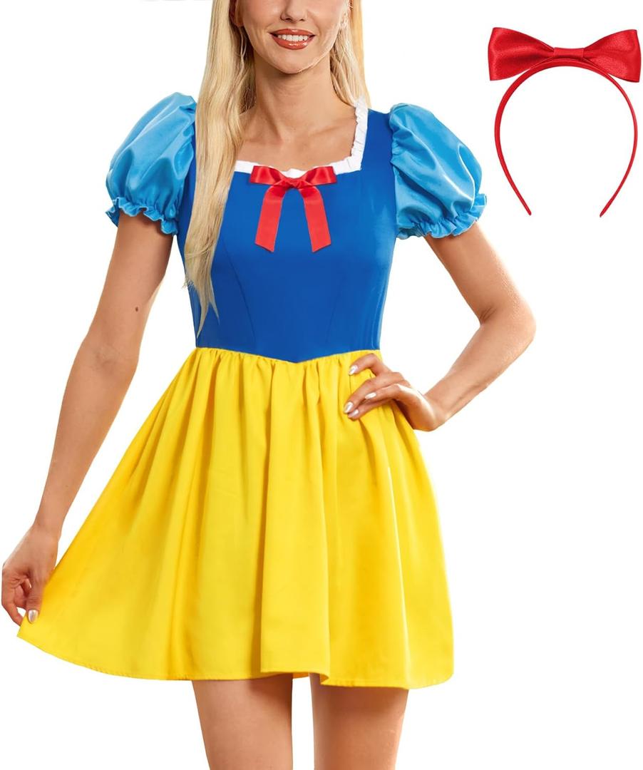 Women Halloween SNO White Cosplay Dress with Puff Sleeves Red Hairband Fairytale Snow Wite Party Costume XS