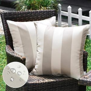 Western Home Pack of 2 Outdoor Waterproof Striped Throw Pillow Covers Beige Grey Decorative Pillowcases Garden Modern Cushion Cases for Patio Tent Balcony Couch Sofa 18x18 Inch (Sand and White)
