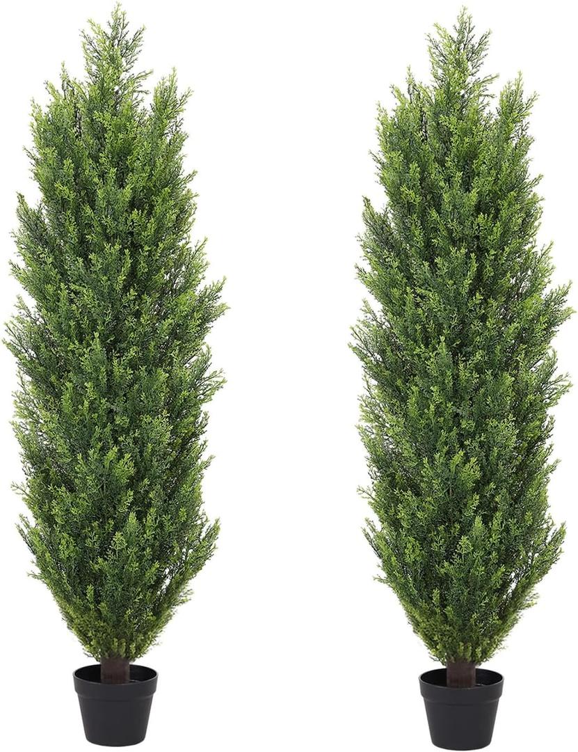 THE BLOOM TIMES Artificial Topiary Cedar Trees Outdoor 4FT Tall 2 Set, Realistic Faux Pine Cypress Shrubs Bushes, UV Resistant Large Fake Evergreen Plants for Front Porch Outside Planter Decor 4 Foot