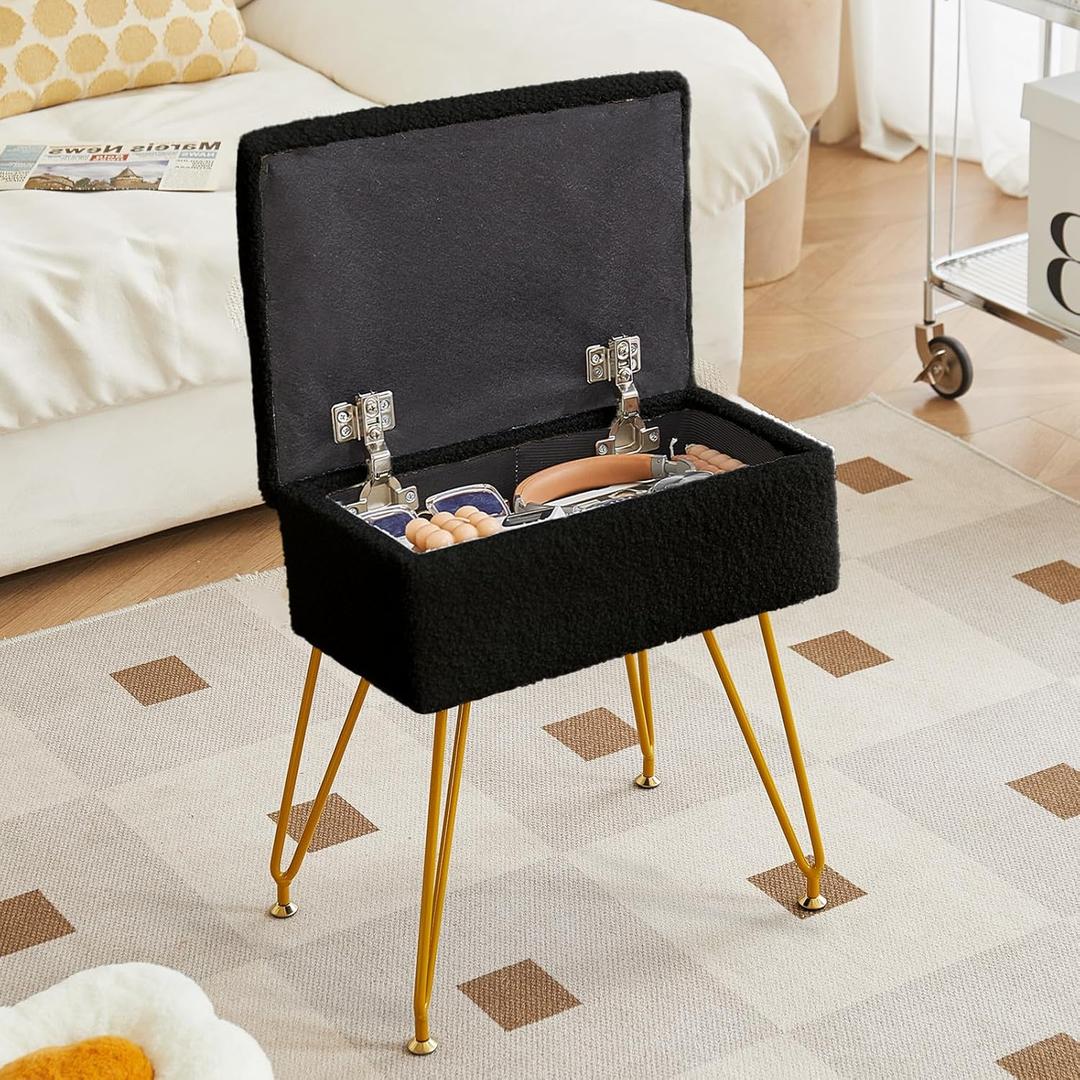 Alessing Vanity Stool Chair Ottoman with Storage, Sherpa Vanity Chair for Makeup Room, Rectangle Vanity Stools with Metal Legs, Soft Makeup Stool Footrest Footstools for Bedroom Living Room, Black