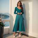 Zoifada Womens 2025 Spring Autumn V Neck Wrap Dress Long Sleeve Tie Waist Ribbed Knit High Waist A Line Casual Midi Dress Grey