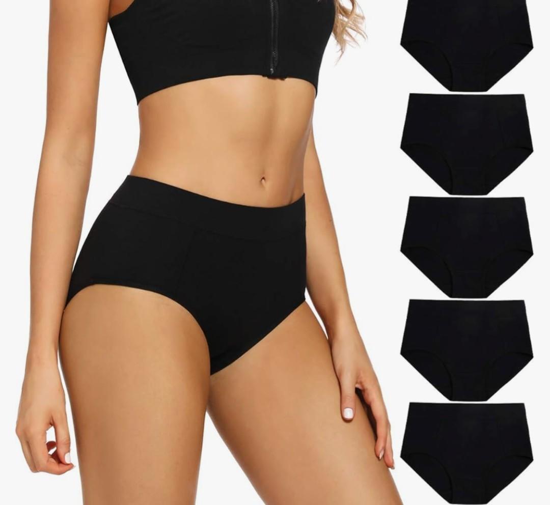 POKARLA Women's Cotton Stretch Underwear Ladies Mid-high Waisted Briefs Panties 5-Pack Black S