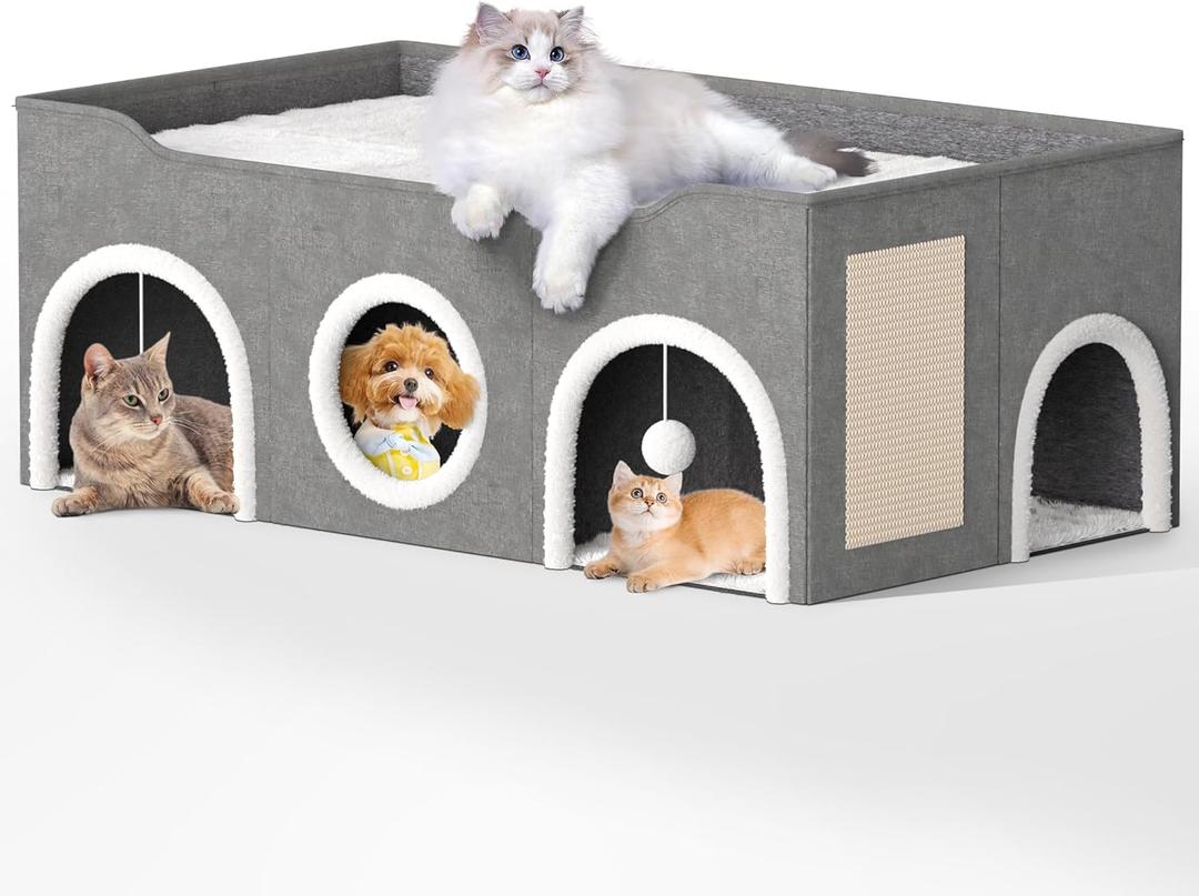 Top Bed Three Rooms Cat Condos,All-in-1 Extra-Wide Cat House for IndoorMulti Cats Puppy Family, Large Cat Cave for Pet House with Fluffy Ball Hanging and Scratch Pad, Foldable Hideaway
