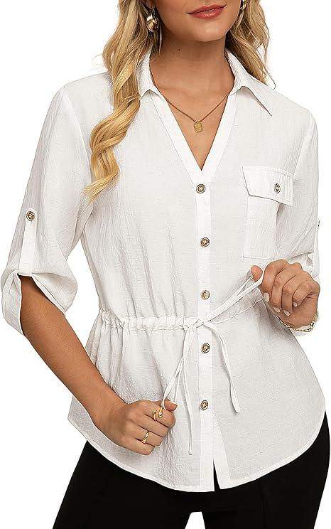 GRACE KARIN Womens Button Down Shirts, 3/4 Sleeve Dressy Casual Outifts, V Neck Peplum Tops with Pockets, Ivory L