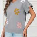 Saodimallsu Womens Summer Ruffle Short Sleeve Sweater Tops Cute Floral Knit Creweck Casual Lightweight Sweaters (Gray, S)
