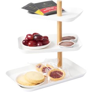 YAMAZAKI Home Rin 3-Tier Accessory Tray - Jewelry Holder & Storage Organizer, Metal With Wooden Accent - Steel (White)