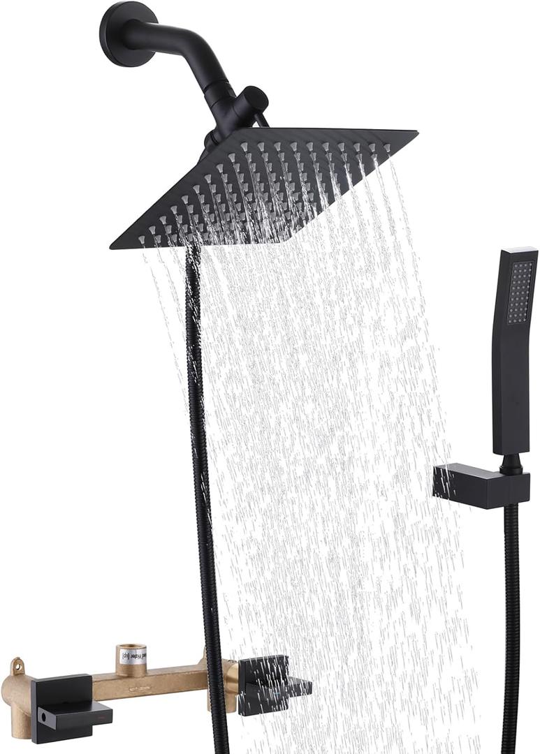 2 Handles Shower Faucet Set Rain Shower Head with Handheld Shower Combo Set Dual 2 in 1 Shower System Wall Mounted Matte Black