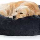 SAVFOX Plush Calming Dog Beds, Donut Dog Bed for Large Dogs, Comfy Cuddler Dog Bed and Cat Bed in Faux Fur, Washable Dog Bed, L (Dark Grey)