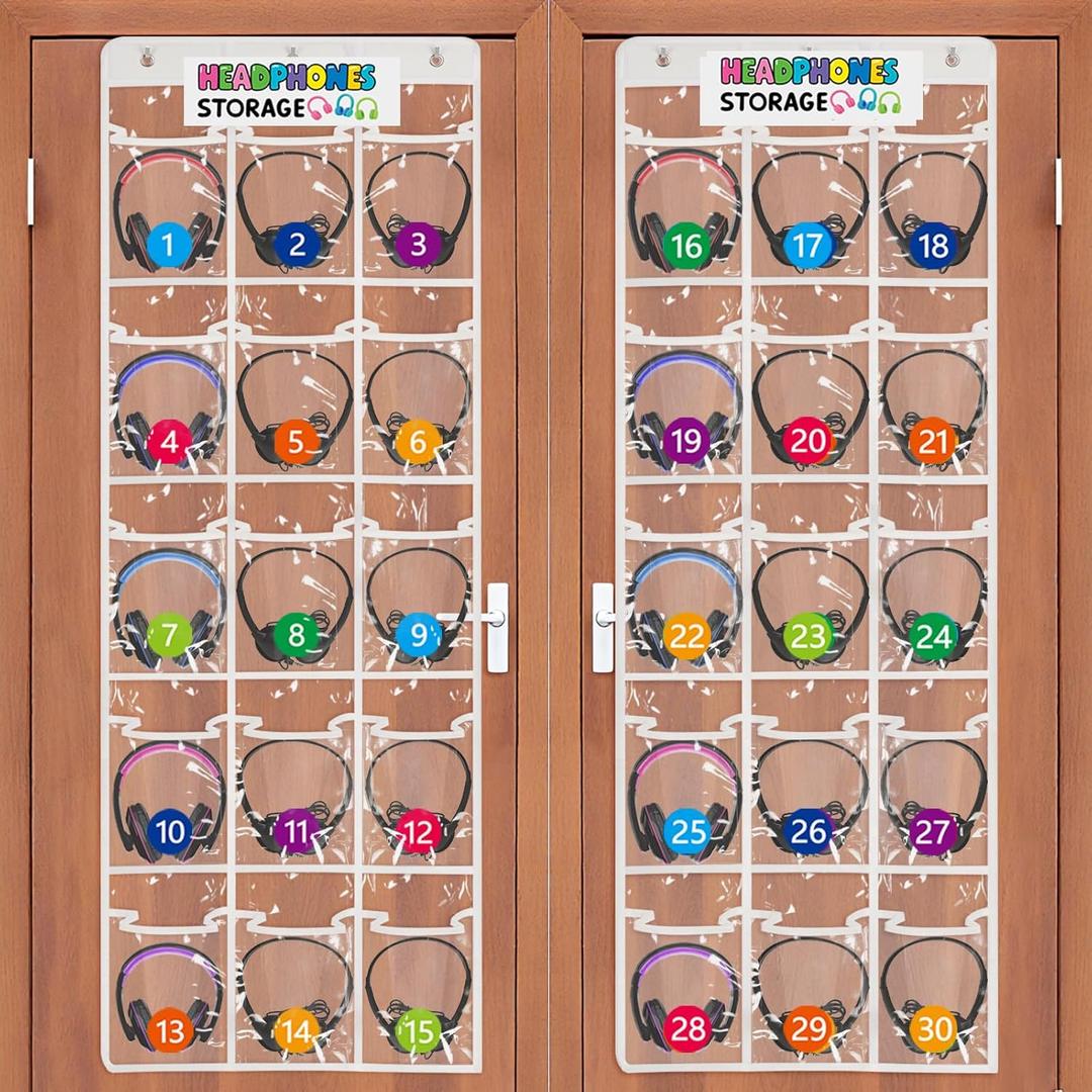 2 Pack Classroom Headphone Storage Organizer with 30 Pockets, PVC Clear Classroom Pocket Chart for Headphone Cell Phone Over-the-Door Hanging Headphone Holder Bag with 62 Labels(White)