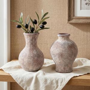 Bud Vases Set of 2, Ceramic Flower Vase Small Vase for Flowers Stereo Grain Decorative Vases for Home Decor Bathroom Living Room Boho Centerpieces for Tables Coffee Table Cottage Core(Terra)