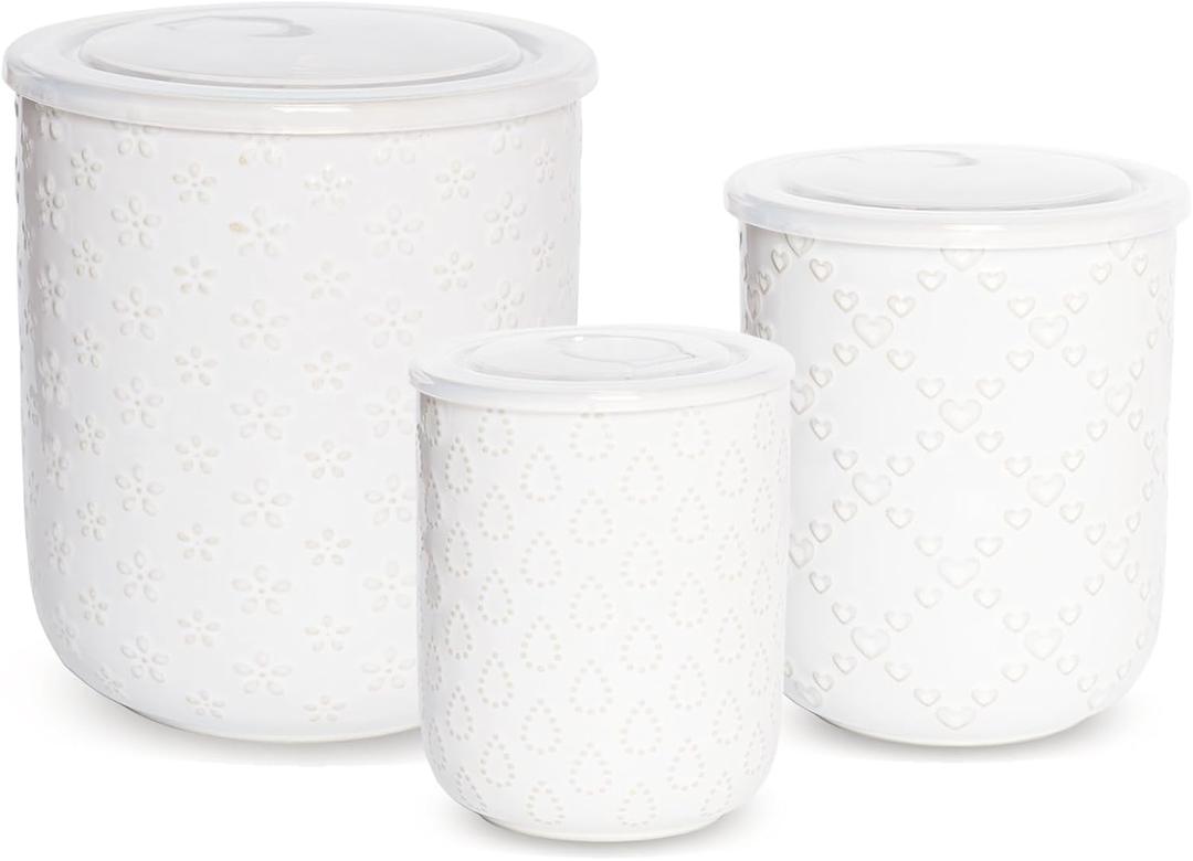 Bosmarlin Canisters Sets for the Kitchen, Ceramic Canisters with Airtight Lids for Countertop, Storage Containers for Sugar, Coffee Bean, Flour, Dishwasher Safe (White, 26/44/75 Oz)