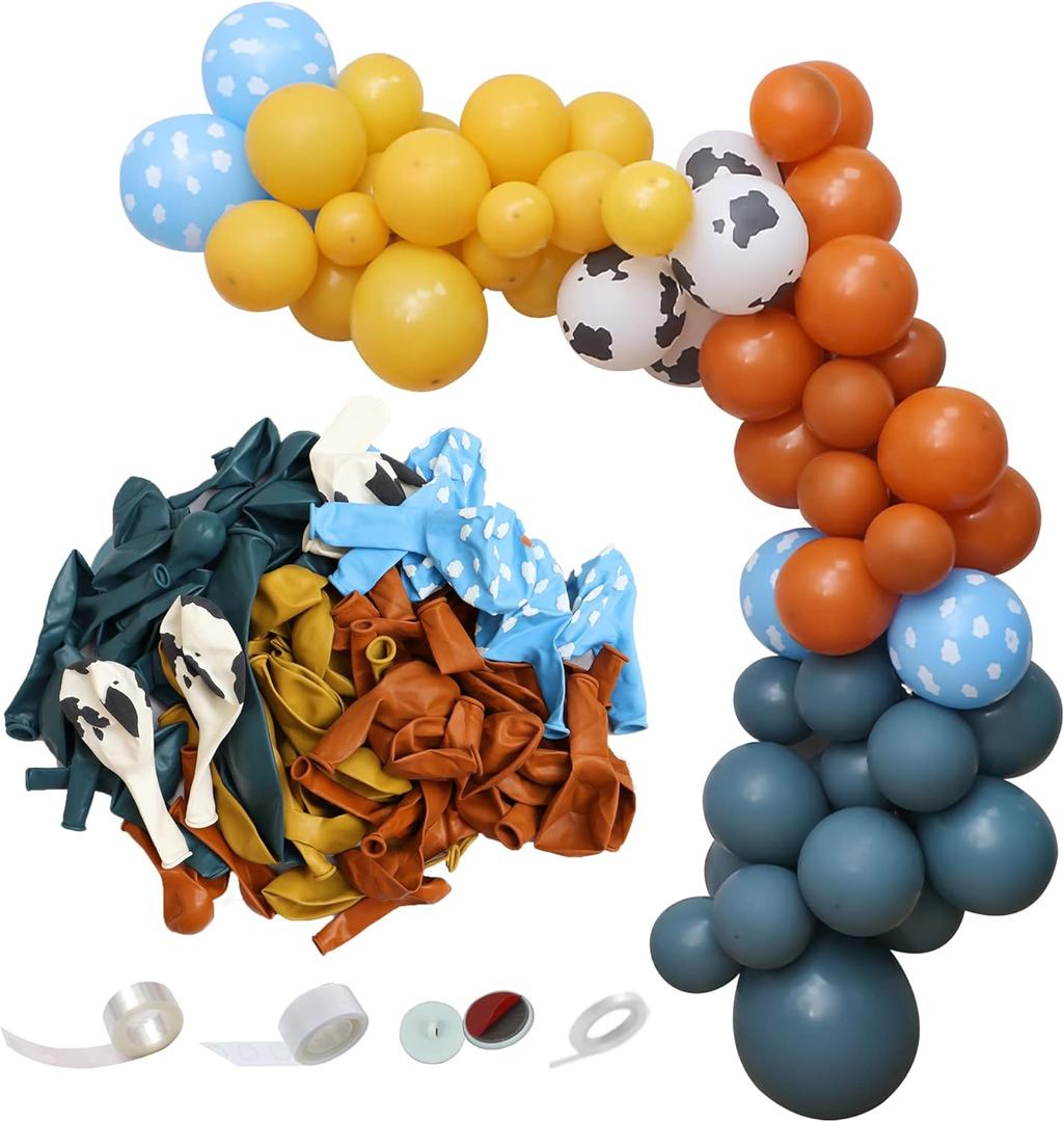Balloons Combination, 91 Pcs Cow and Clouds Party Balloons Garland Arch Kit,Slate Blue,Natural Sand Cloud,Retro Burnt Orange,Mustard Yellow Balloon for Birthday Party