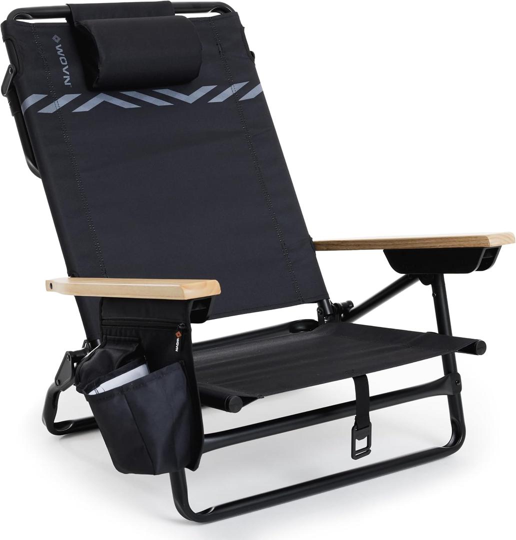 WOVN Premium Reclining Beach Chairs - Portable Lay Flat Folding Beach Chair for Adults - Includes Shoulder Backpack Strap, Pillow, 2 Pockets, and Cup Holder - Black