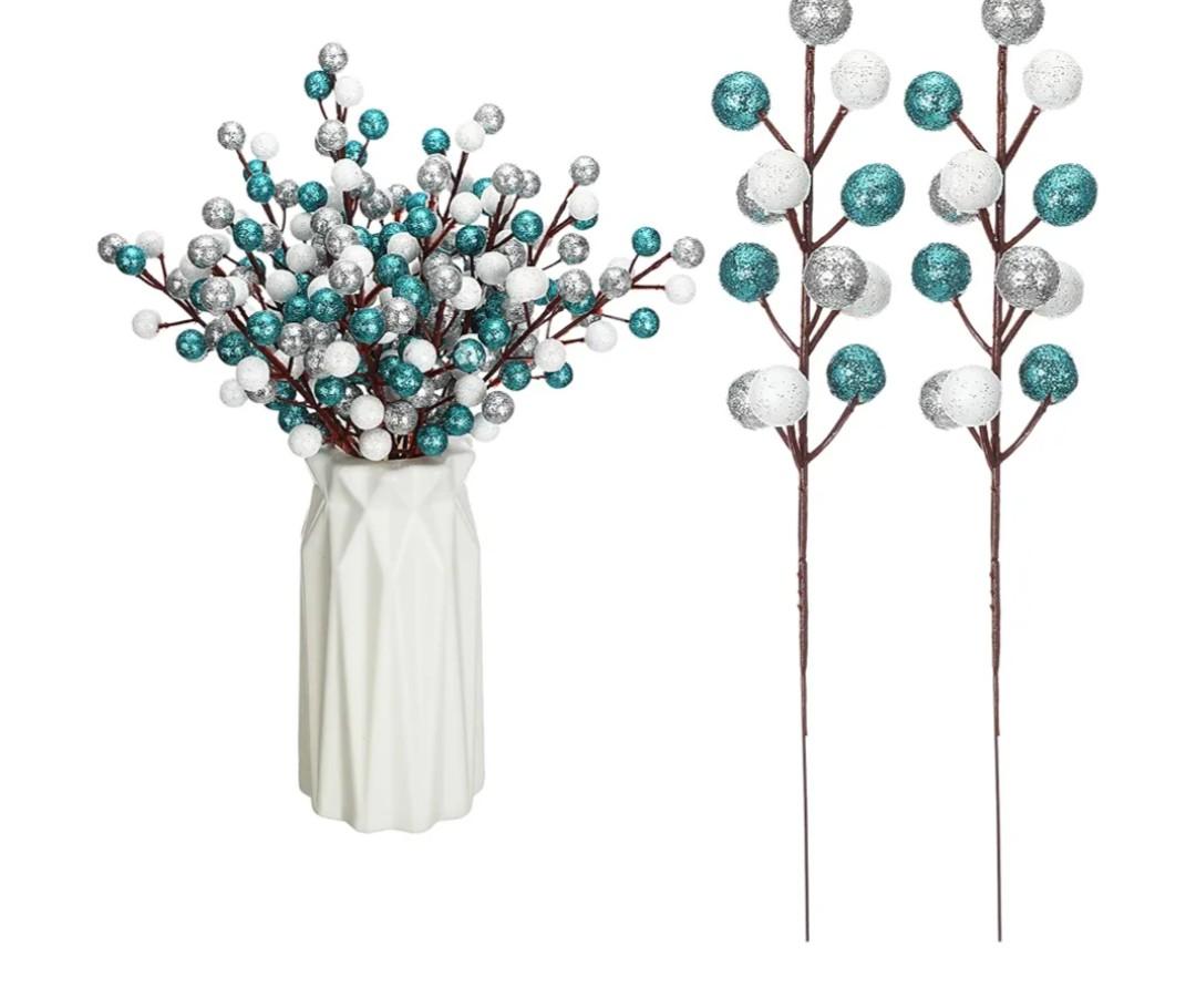 24 Pcs Glitter Berry Stems Christmas Tree Picks Decoration Christmas Faux Holly Colorful Berries Branches Ornaments for Christmas Tree Wreath DIY Craft Decorations (White Silver Lake Blue)