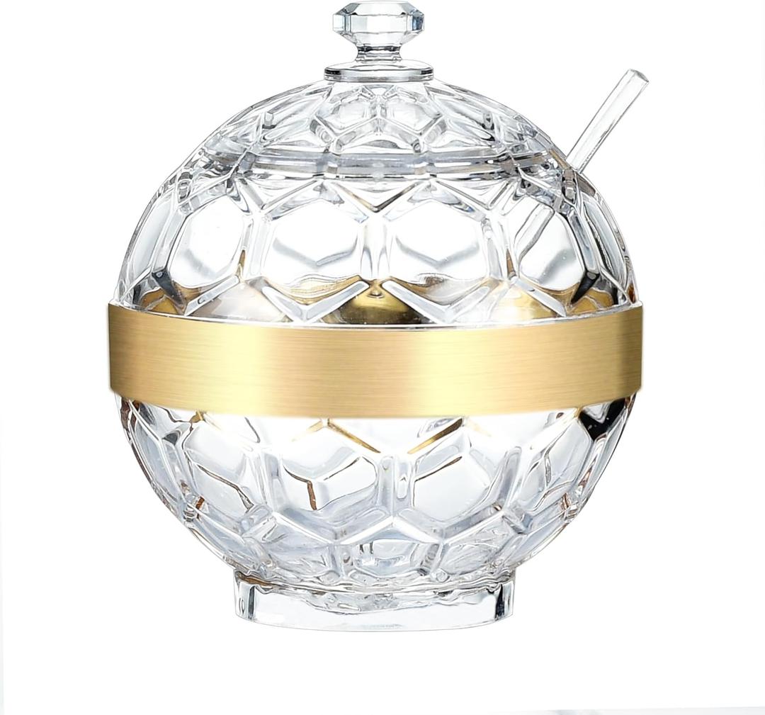 Clear Acrylic Sugar Bowl with Lid and Spoon, 10 oz Sugar Container for Coffee Bar Accessories, Sugar Jar(Gold-plated)