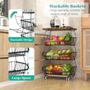 Fruit Basket with Wooden Lid for Kitchen, 4-Tier Stackable Wire Fruit Vegetable Storage Basket Organizer Stand on Wheel, Produce Basket Potato Onion Storage Bins Rack Cart for Pantry